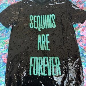 Black Sequin T-Shirt with Green Text